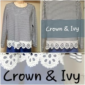 Crown & Ivy womens navy and white stripe lace Top